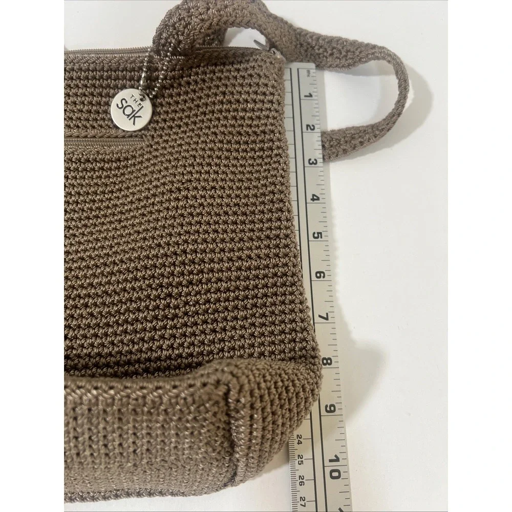 The Sak Crochet Taupe Shoulder Bag Solid  Lined Zip Silver Charm Boho Whimsical